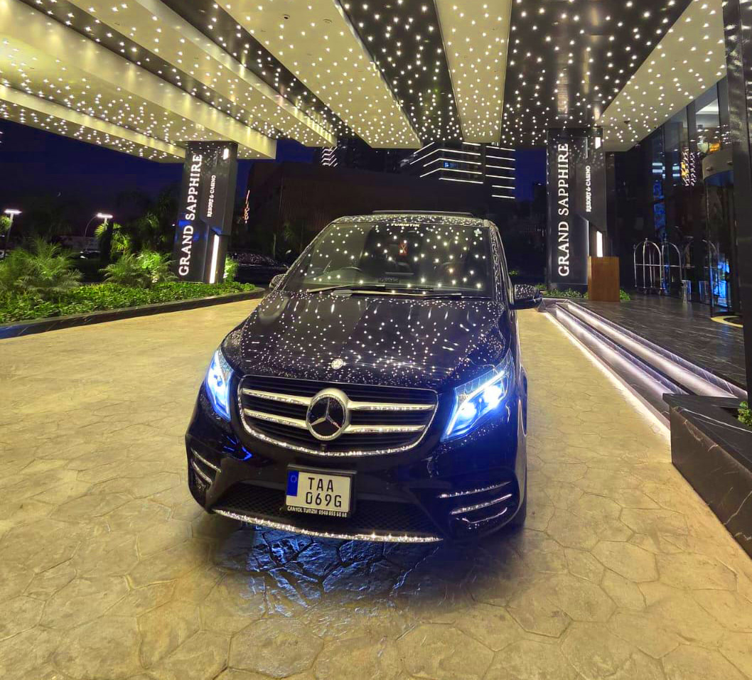 North Cyprus Transfers VIP Mercedes Vito at the Grand Sapphire Resort & Casino entrance at night